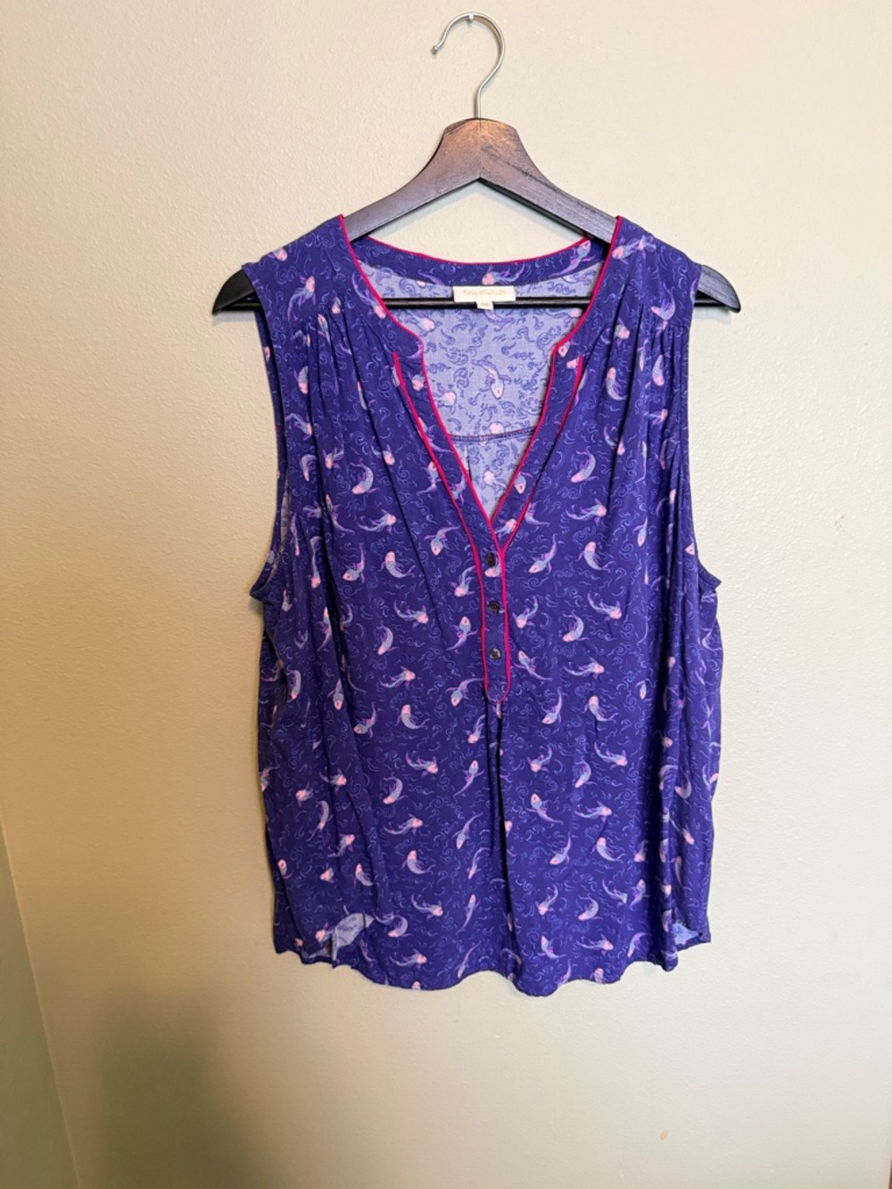 ModCloth Fish-Print Sleeveless Button Tank with Pink Trim